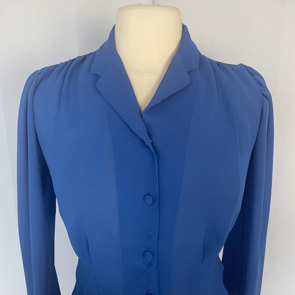 Vintage Blouse Top Size XS Small Royal Blue Puff Sleeve Secretary Retro Twee - Picture 2 of 13